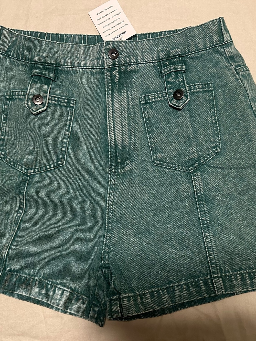 High-Rise Green Denim Utility Shorts with Front Pocket Tabs